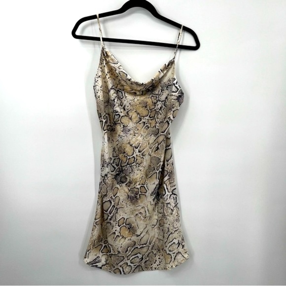 NWT J.O.A Breeana Beige Snake Print Satin Cowl Neck Slip Mini Dress Small - Picture 12 of 12